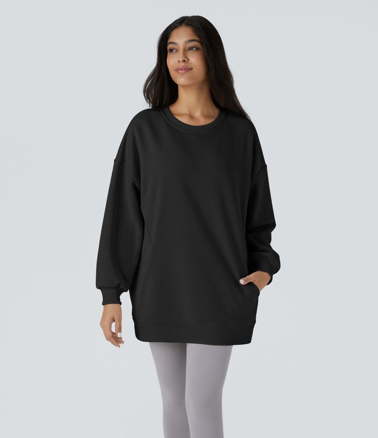 Round Neck Long Sleeve Side Pocket Oversize Fleece Casual Sweatshirt