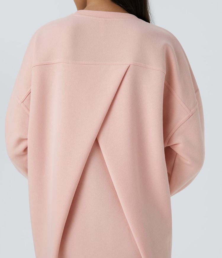 Round Neck Long Sleeve Side Pocket Oversize Fleece Casual Sweatshirt