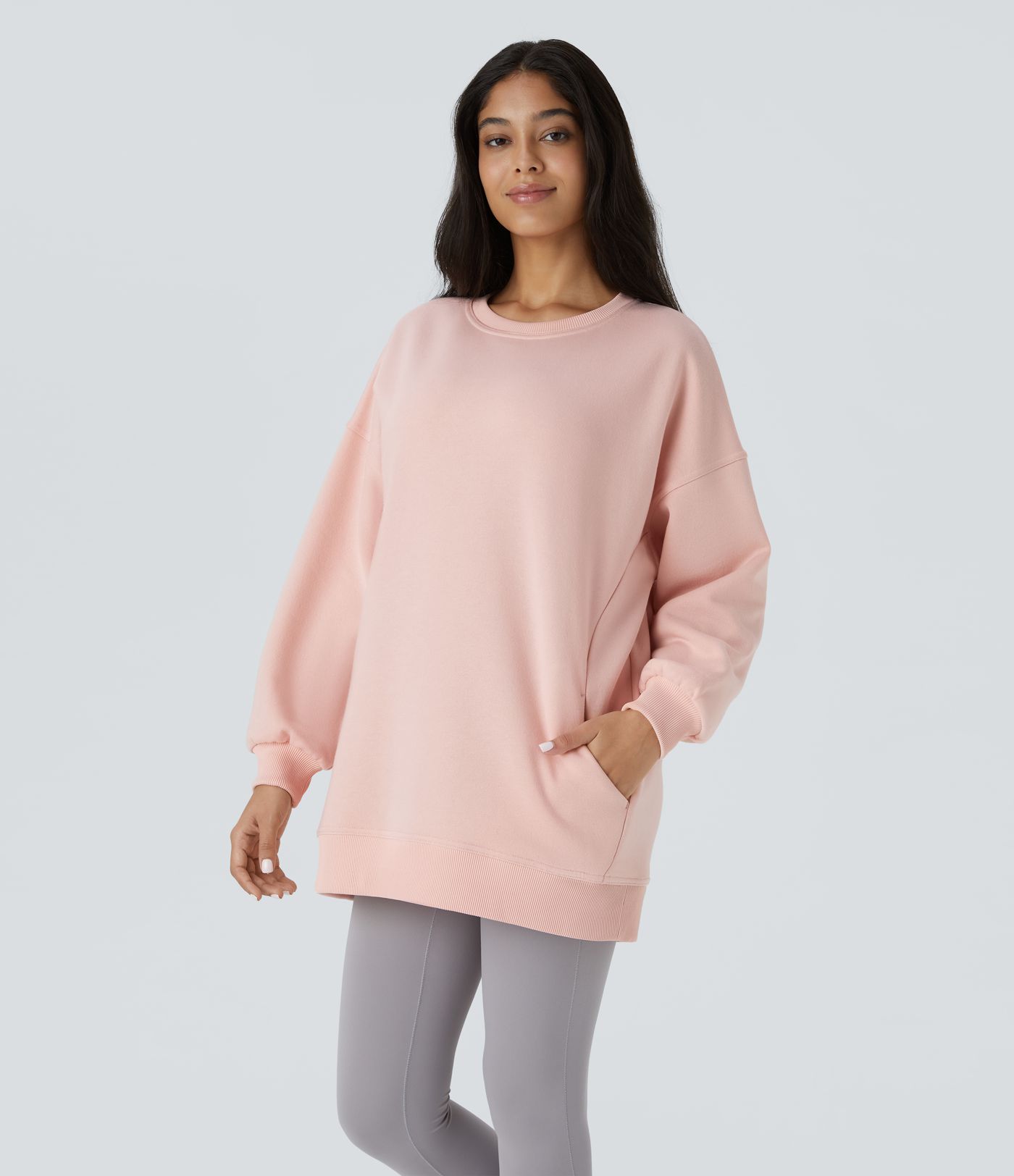 Round Neck Long Sleeve Pocket Oversize Fleece Casual Sweatshirt