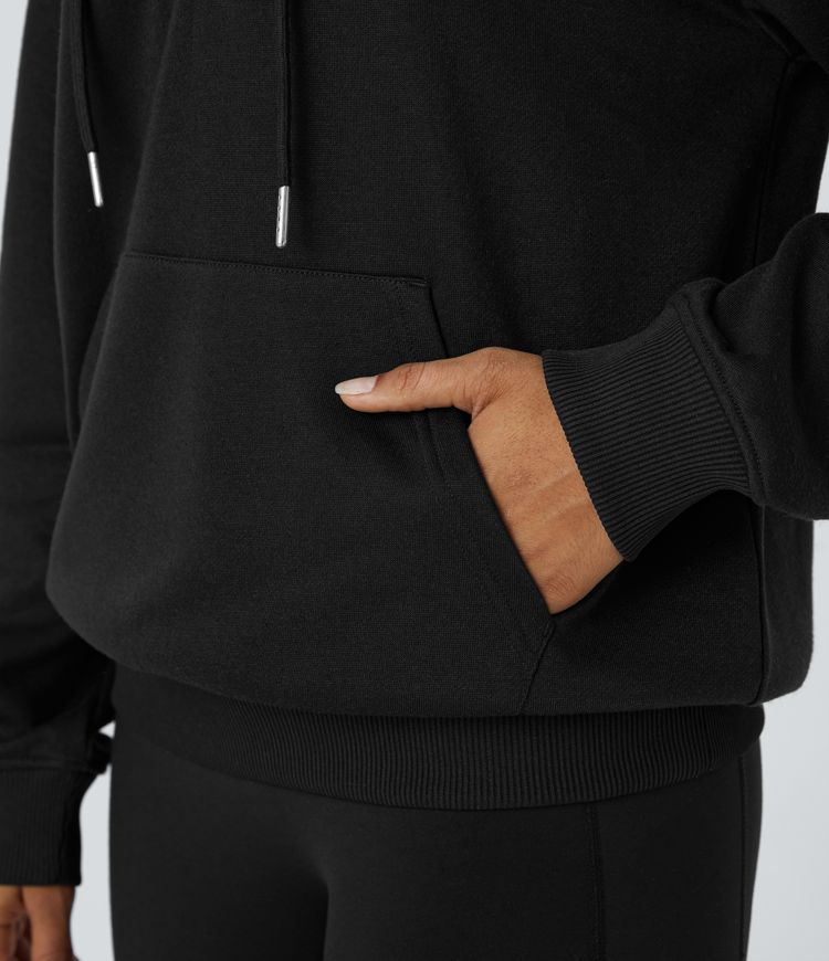 Hooded Drawstring Snap Button Kangaroo Pocket Relaxed Fleece Casual Sweatshirt