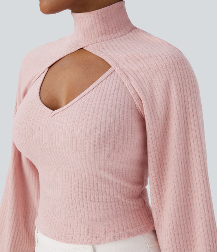 Ribbed Knit High Neck Long Sleeve Cut Out 2-Piece Casual Sweater