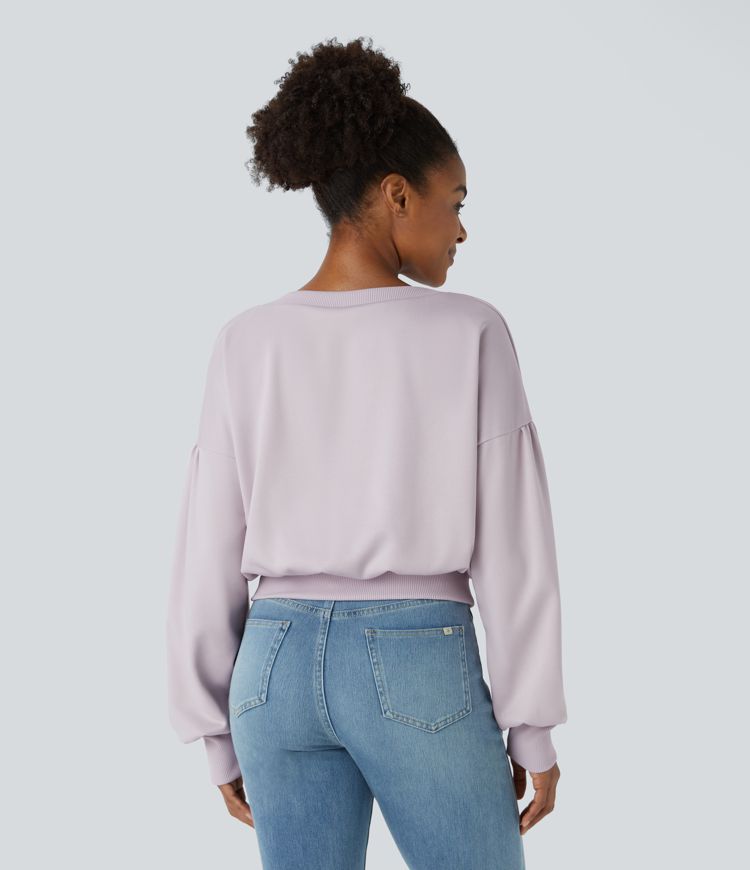 Round Neck Dropped Shoulder Plicated Bishop Sleeve Relaxed Casual Sweatshirt