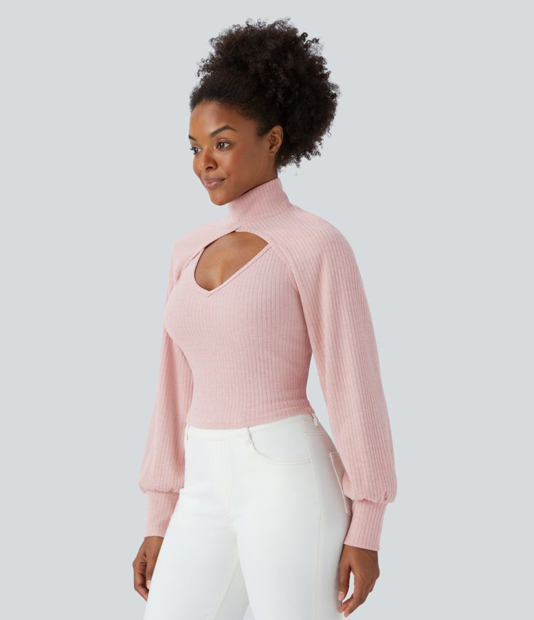Ribbed Knit High Neck Long Sleeve Cut Out 2-Piece Casual Sweater