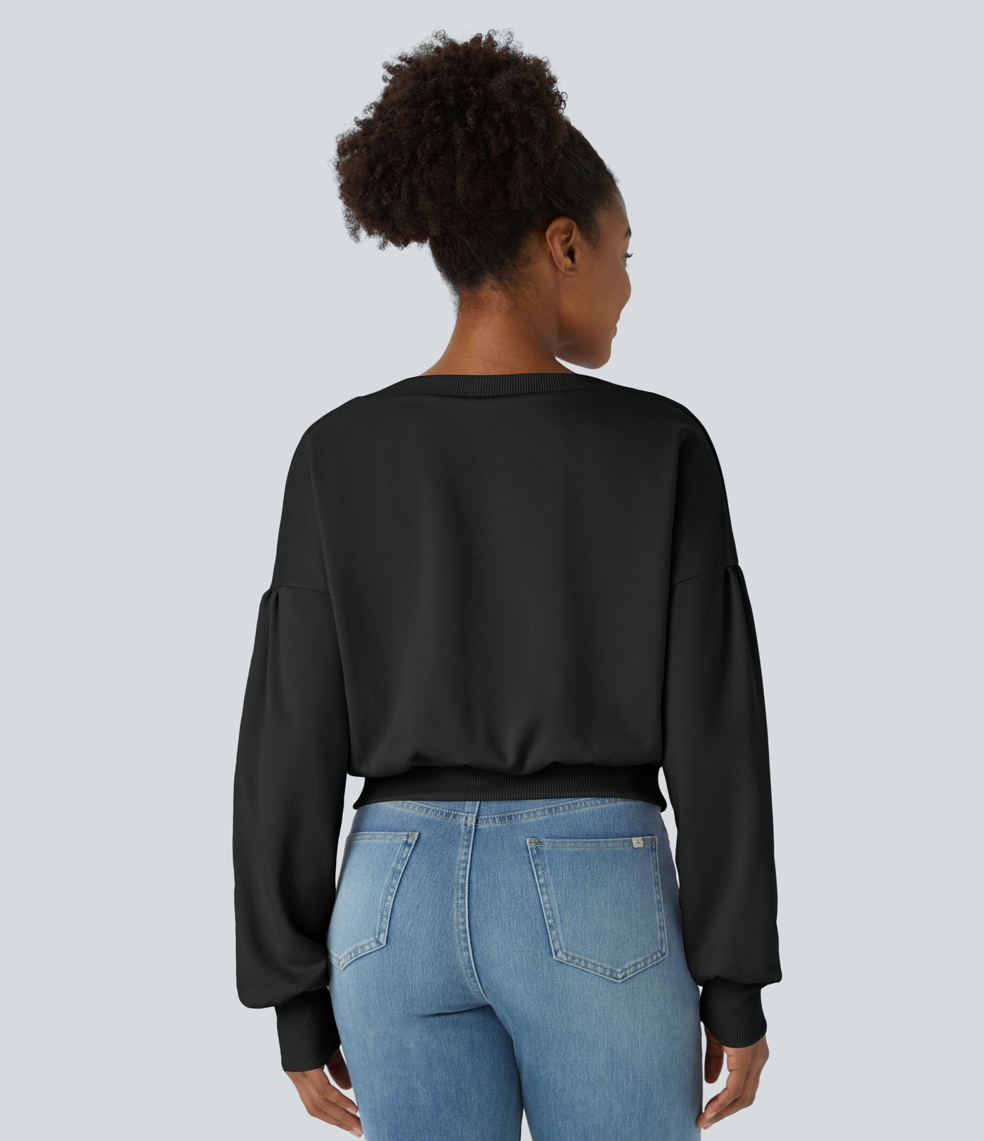 Round Neck Dropped Shoulder Bishop Sleeve Relaxed Casual Sweatshirt