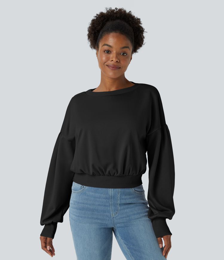 Round Neck Dropped Shoulder Bishop Sleeve Relaxed Casual Sweatshirt