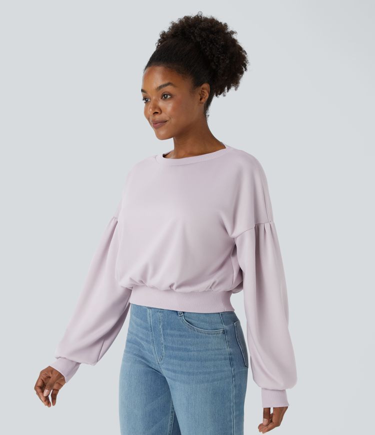 Round Neck Dropped Shoulder Plicated Bishop Sleeve Relaxed Casual Sweatshirt