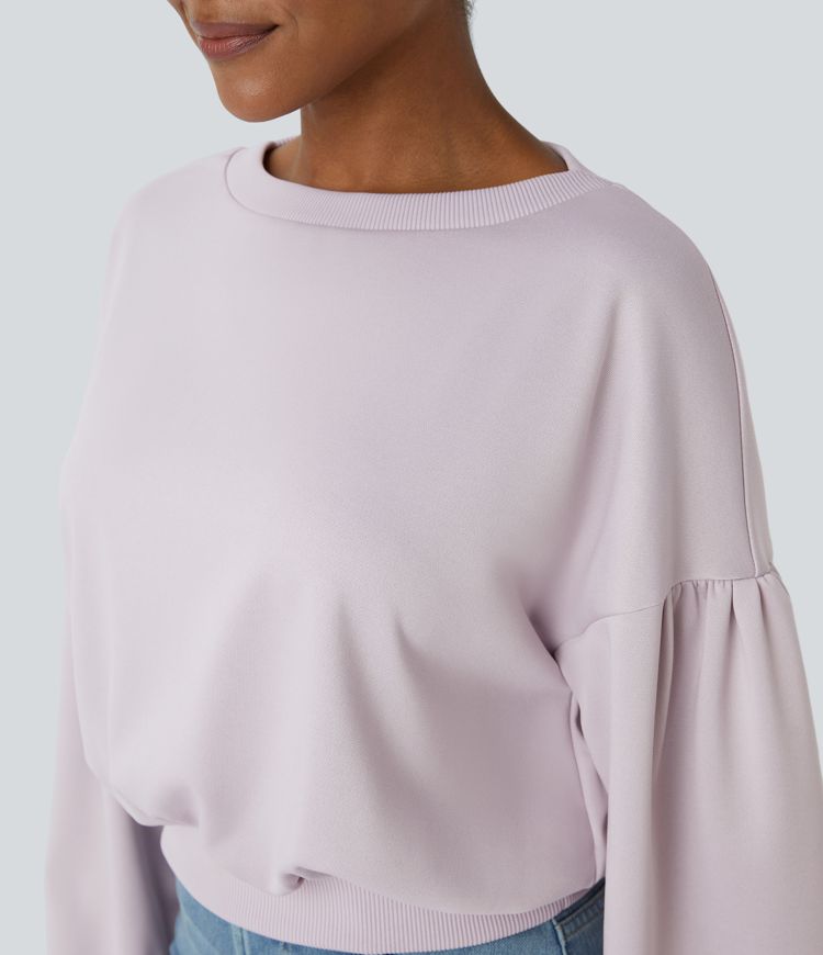 Round Neck Dropped Shoulder Bishop Sleeve Relaxed Casual Sweatshirt