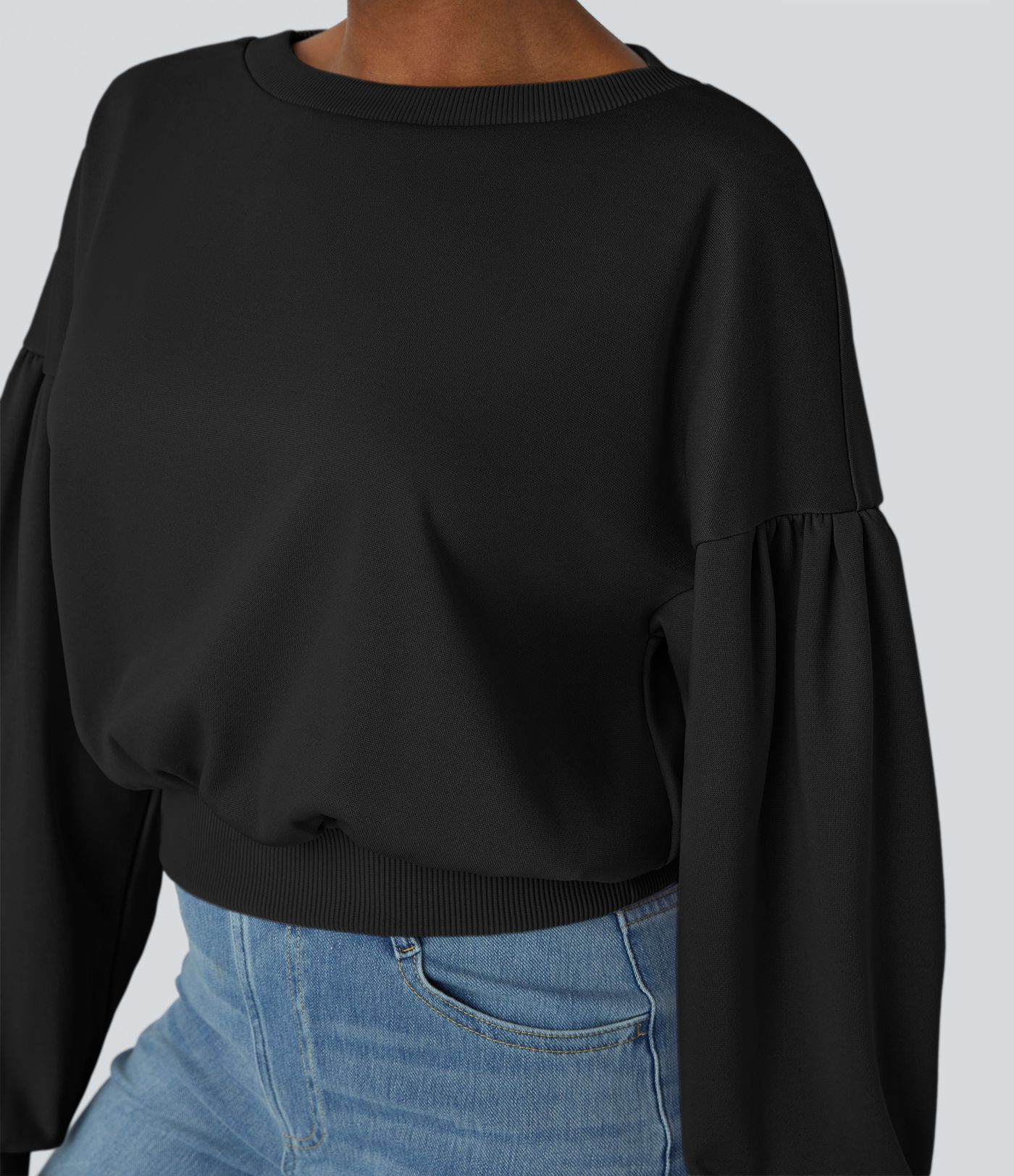 Round Neck Dropped Shoulder Bishop Sleeve Relaxed Casual Sweatshirt