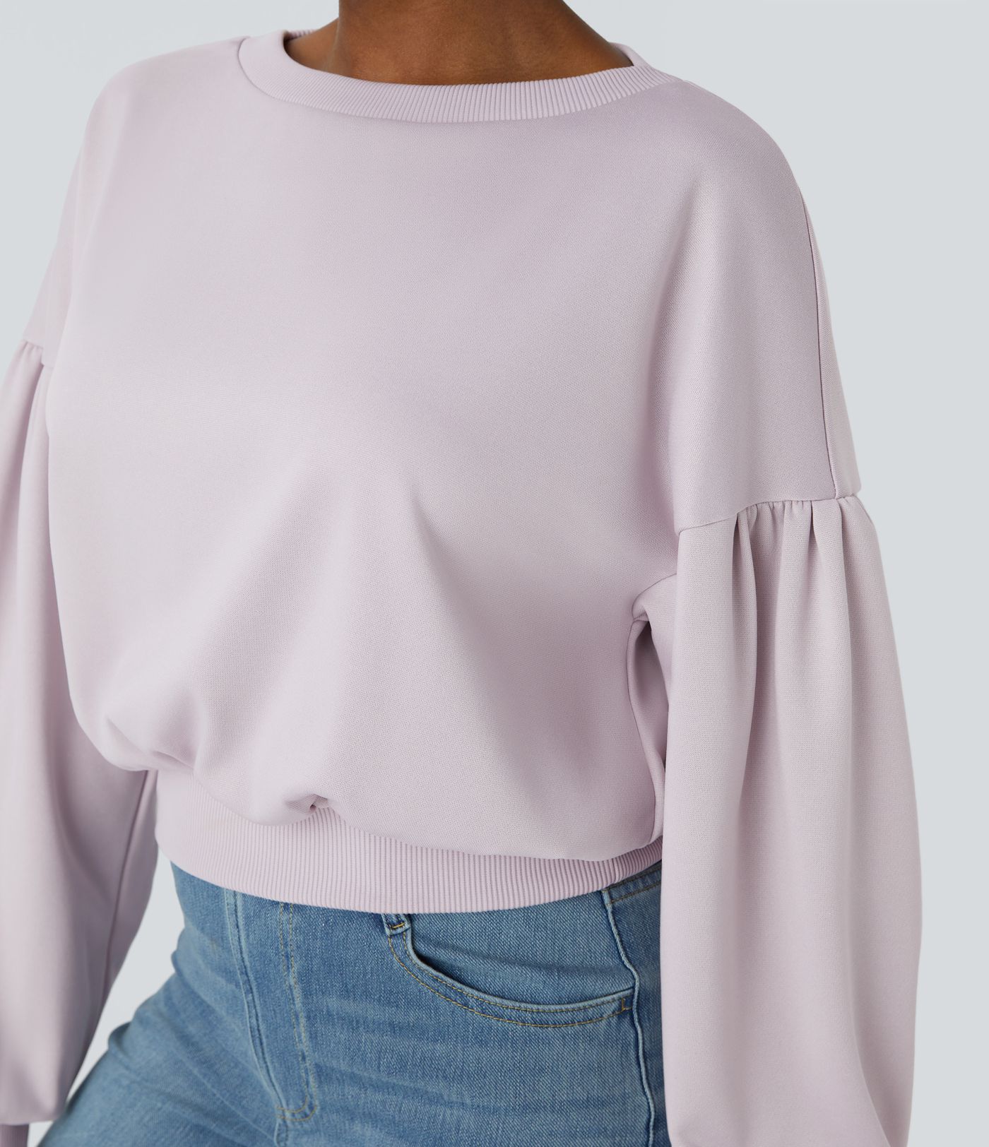 Sudadera holgada cuello redondo hombro caído manga obispo plisada