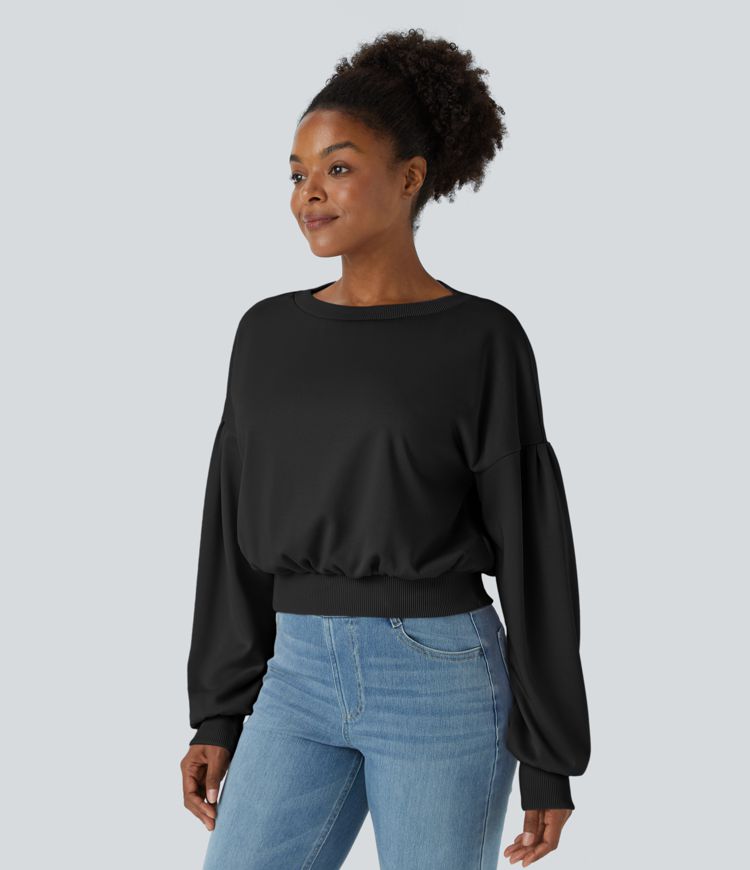 Round Neck Dropped Shoulder Bishop Sleeve Relaxed Casual Sweatshirt