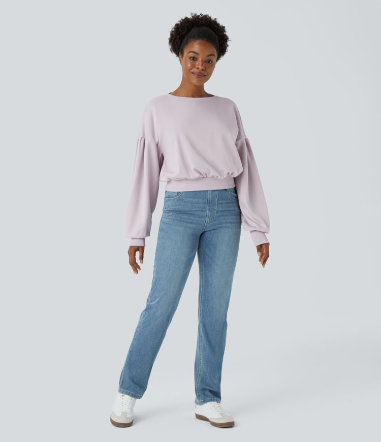 Round Neck Dropped Shoulder Bishop Sleeve Relaxed Casual Sweatshirt