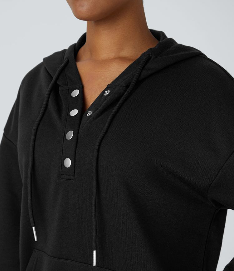 Hooded Drawstring Snap Button Kangaroo Pocket Relaxed Fleece Casual Sweatshirt