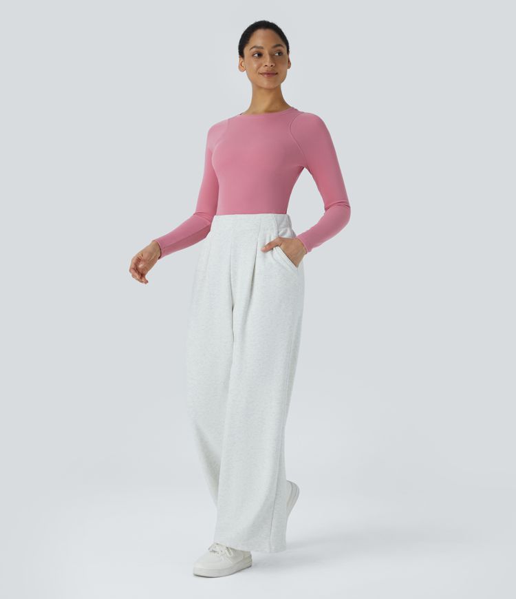 Round Neck Long Sleeve Curved Hem Waffle Casual Top