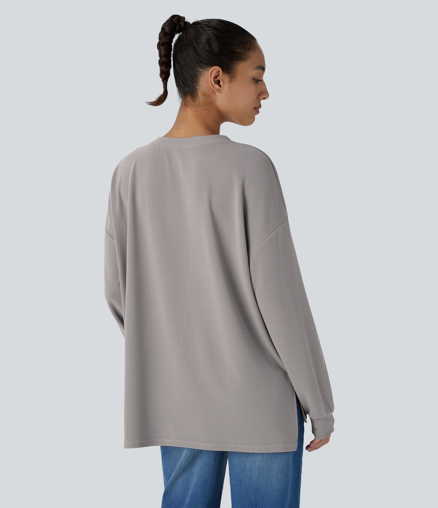 V Neck Pocket Long Sleeve Waffle Casual Top
