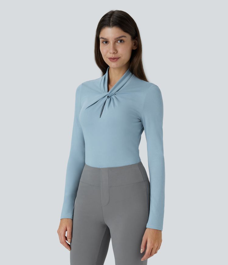 Cut Out Neck Long Sleeve Curved Hem Work Top