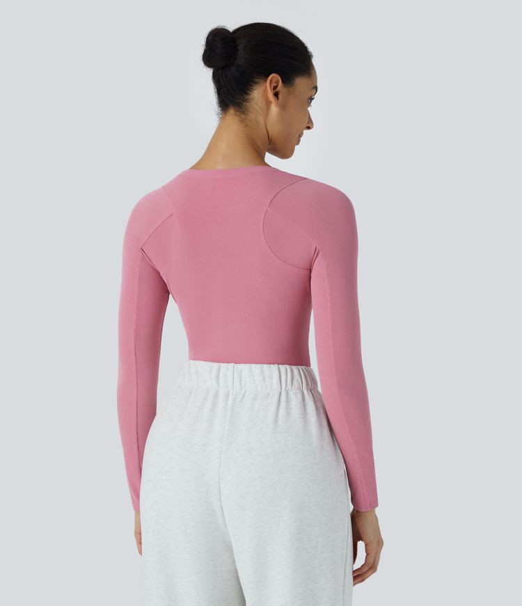 Round Neck Long Sleeve Curved Hem Waffle Casual Top