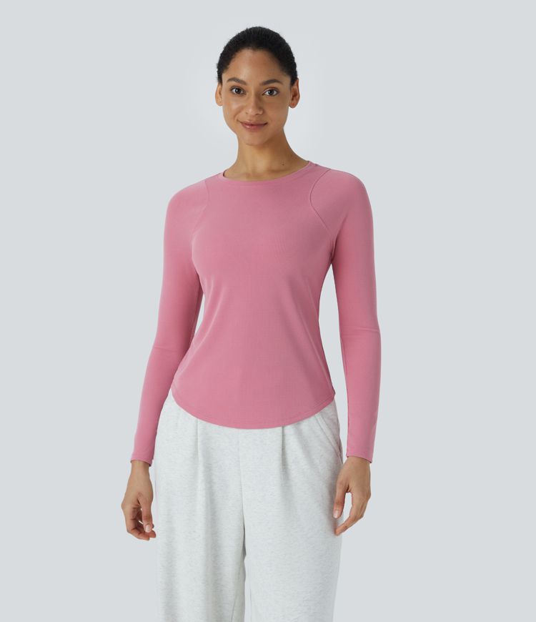 Round Neck Long Sleeve Curved Hem Waffle Casual Top