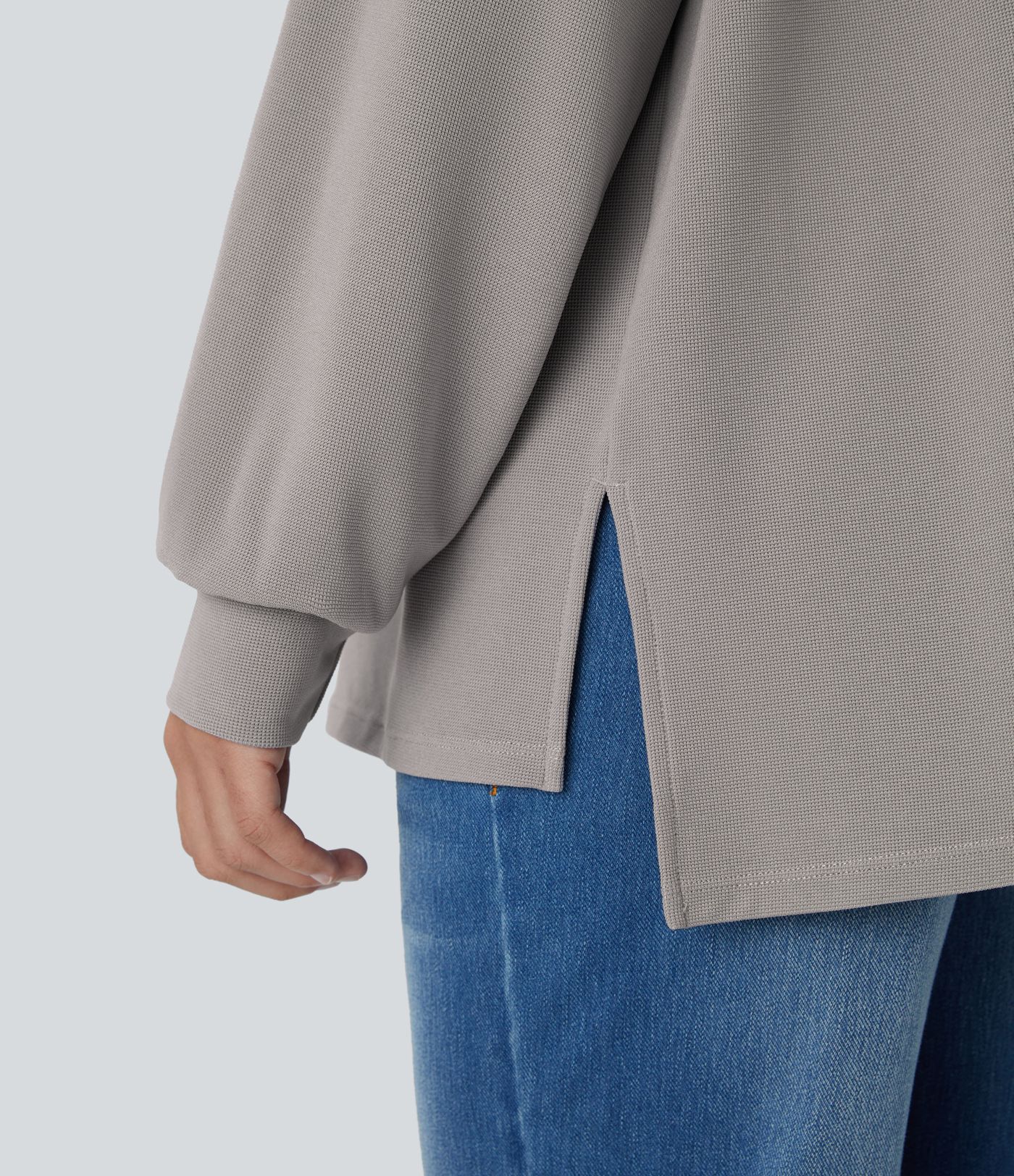 V Neck Pocket Long Sleeve Waffle Casual Top