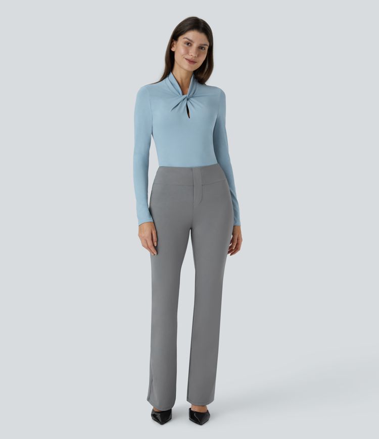 Cut Out Neck Long Sleeve Curved Hem Work Top