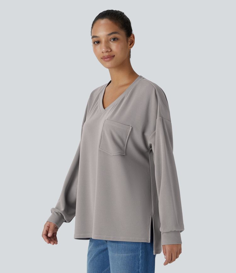 V Neck Chest Pocket Long Sleeve Split Waffle Casual Top