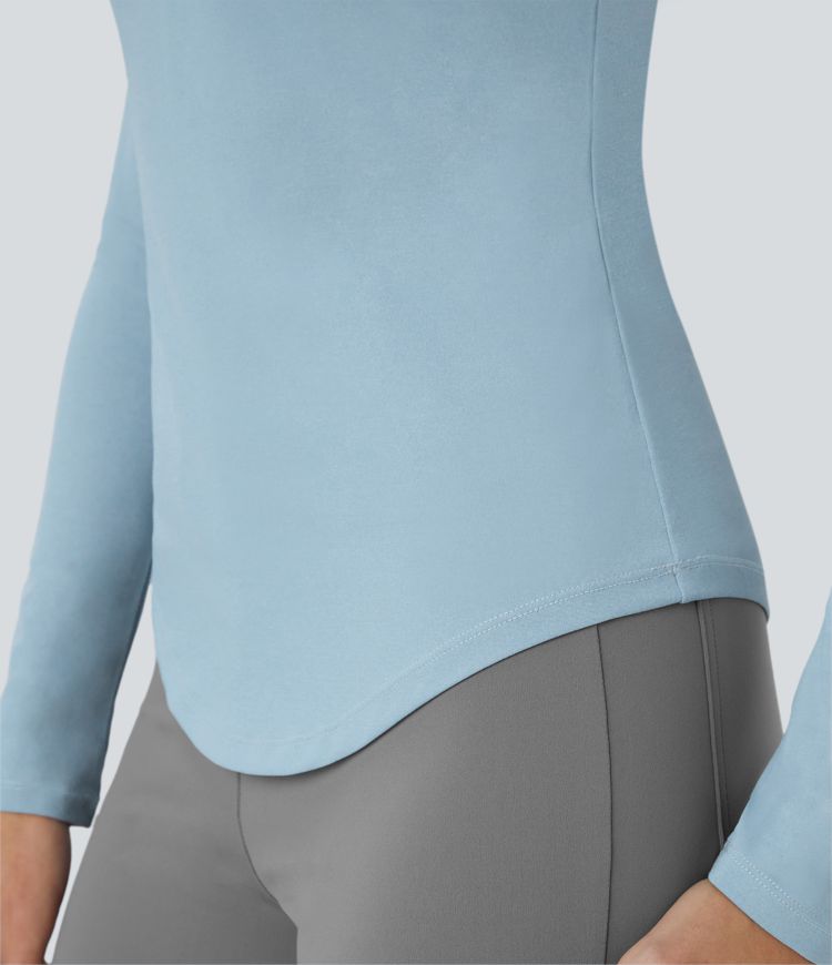 Cut Out Neck Long Sleeve Curved Hem Work Top