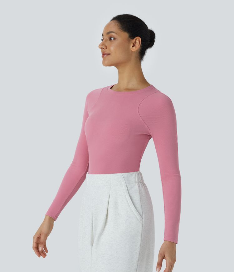 Round Neck Long Sleeve Curved Hem Waffle Casual Top