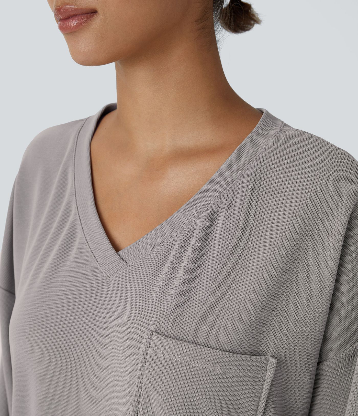 V Neck Pocket Long Sleeve Waffle Casual Top