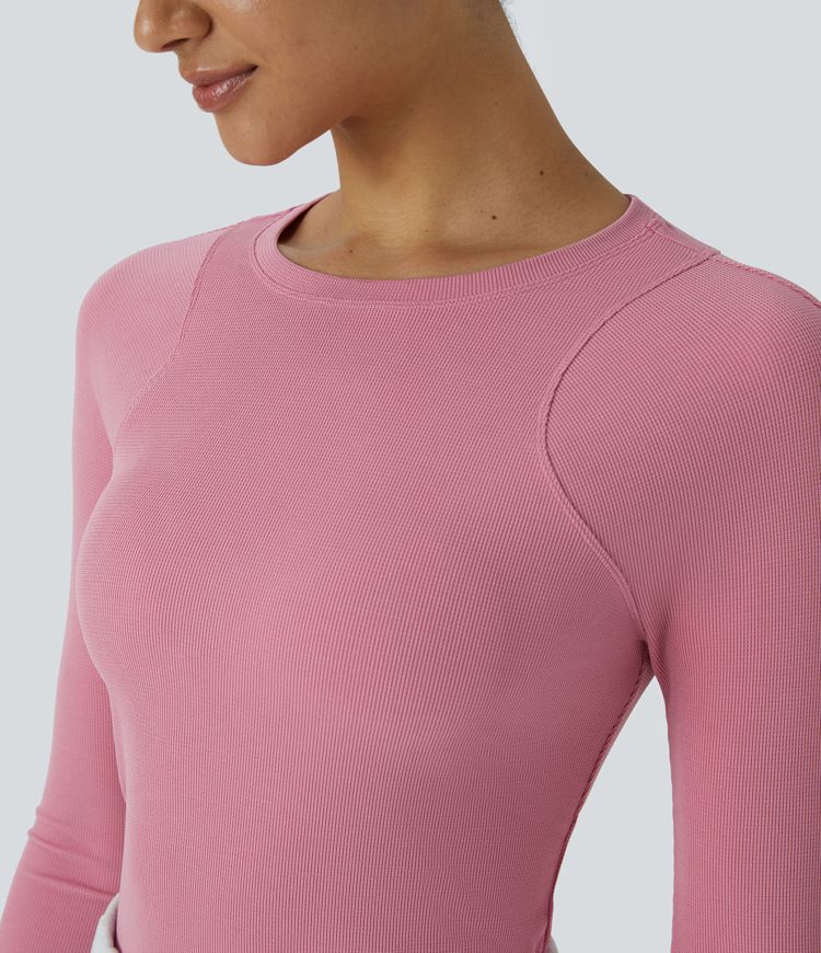 Round Neck Long Sleeve Curved Hem Waffle Casual Top