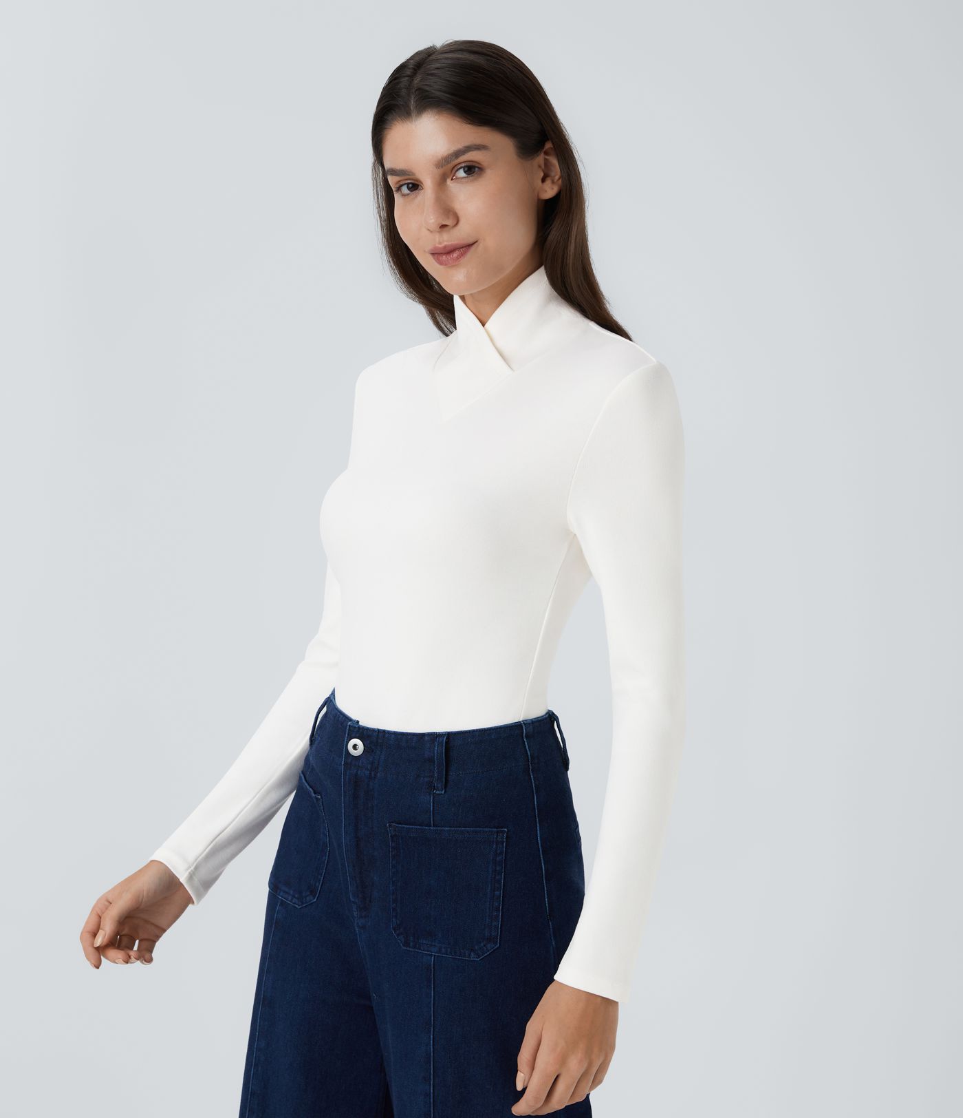 Crossover High Neck Long Sleeve Curved Hem Casual Top