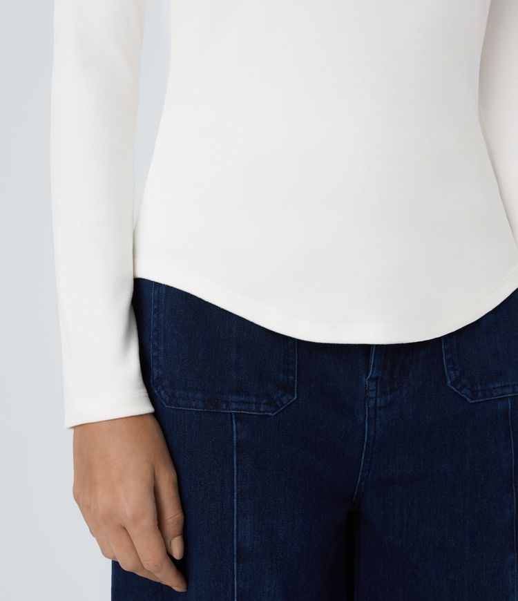 Crossover High Neck Long Sleeve Curved Hem Casual Top