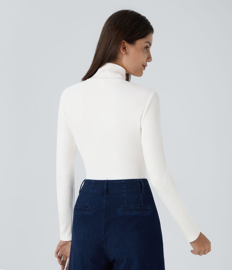 Crossover High Neck Long Sleeve Curved Hem Casual Top