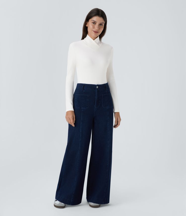 Crossover High Neck Long Sleeve Curved Hem Casual Top