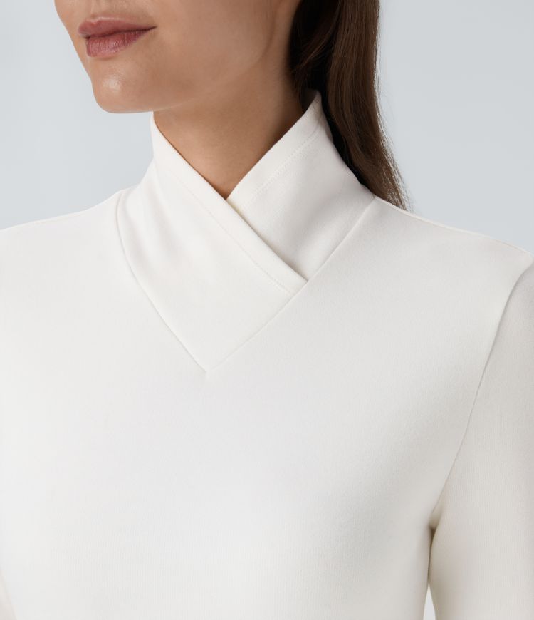 Crossover High Neck Long Sleeve Curved Hem Casual Top