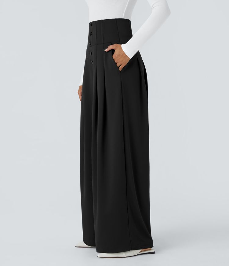Halara Flex™ Super High Waisted Decorative Buttons Side Pocket Wide Leg Crepe Work Pants
