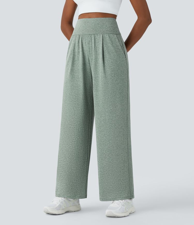 Pantalon de yoga droit à taille haute, plis et poches latérales