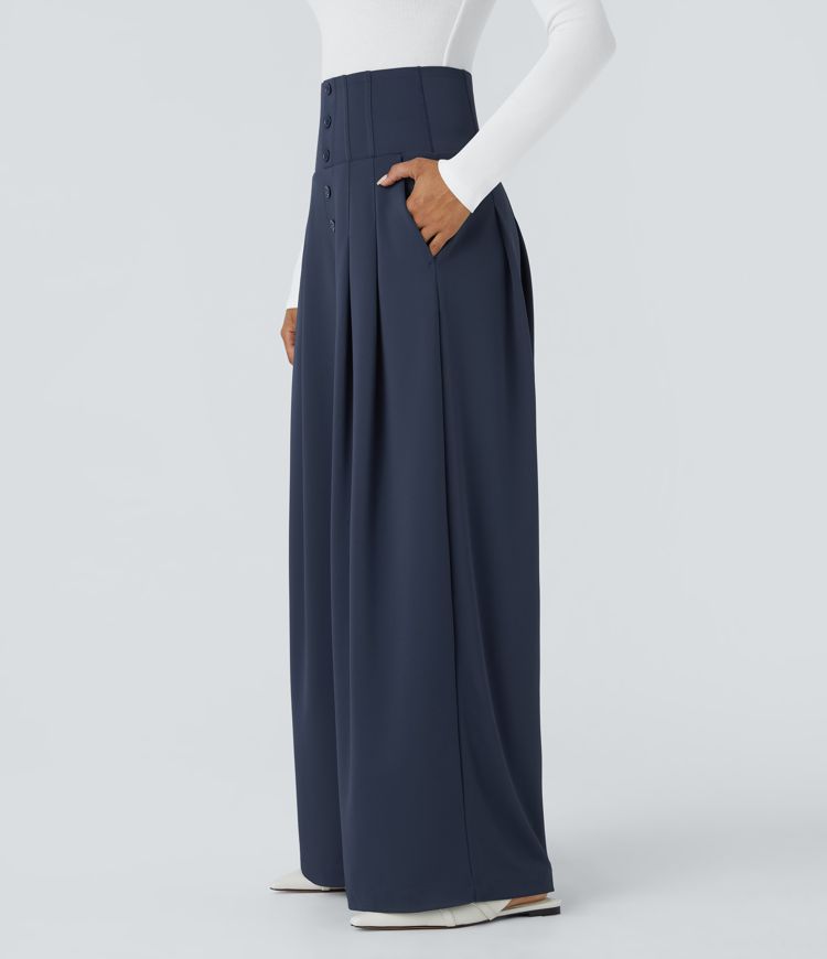 Halara Flex™ Super High Waisted Decorative Buttons Side Pocket Wide Leg Crepe Work Pants