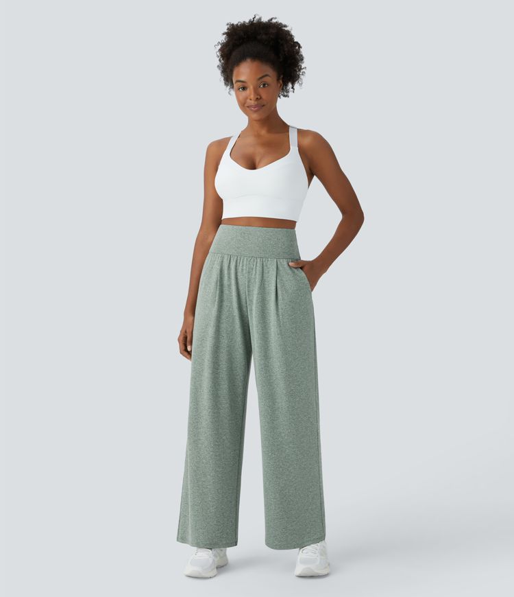 Pantalon de yoga droit à taille haute, plis et poches latérales