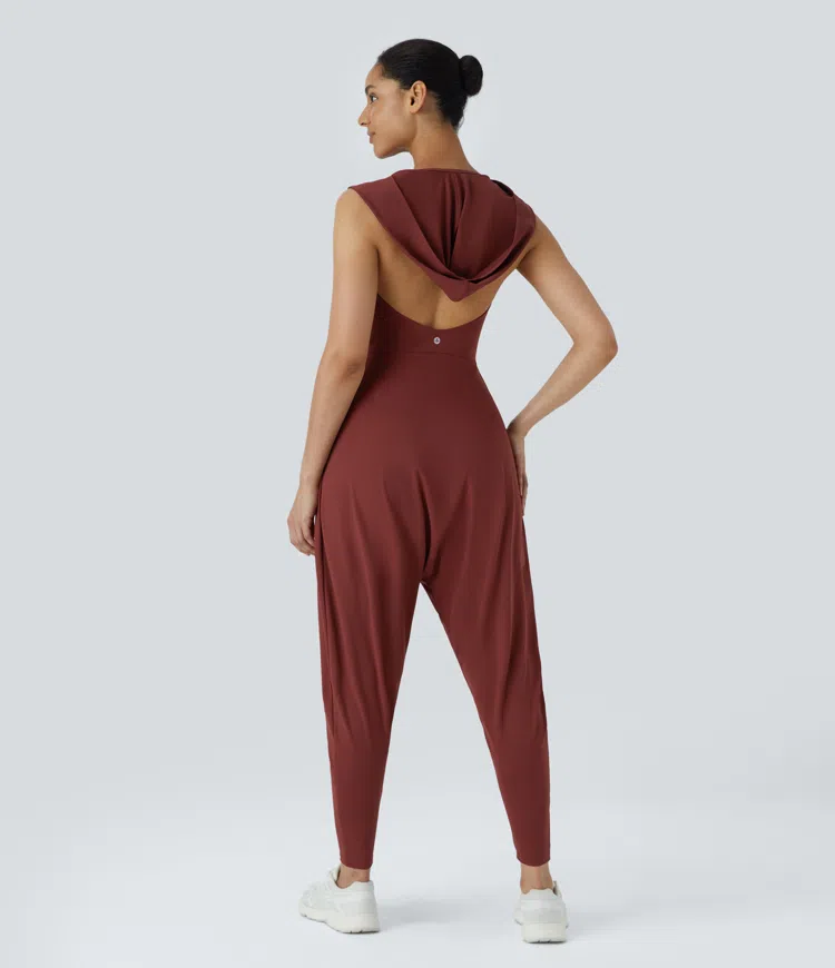 Cowl Neck Hooded Sleeveless Backless Yoga Harem Jumpsuit