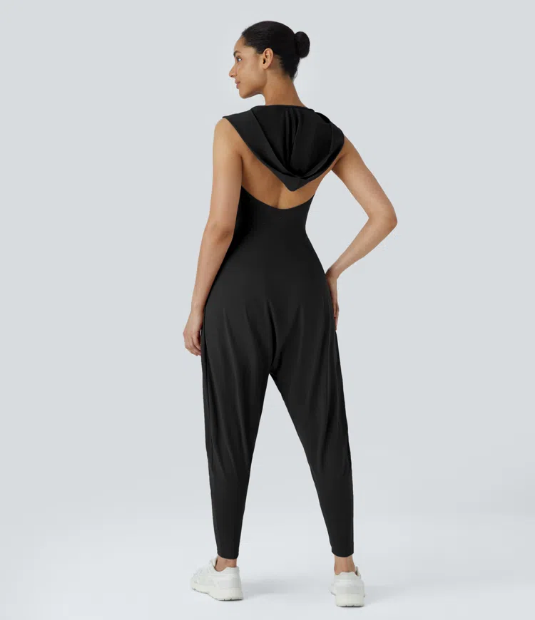 Cowl Neck Hooded Sleeveless Yoga Harem Jumpsuit