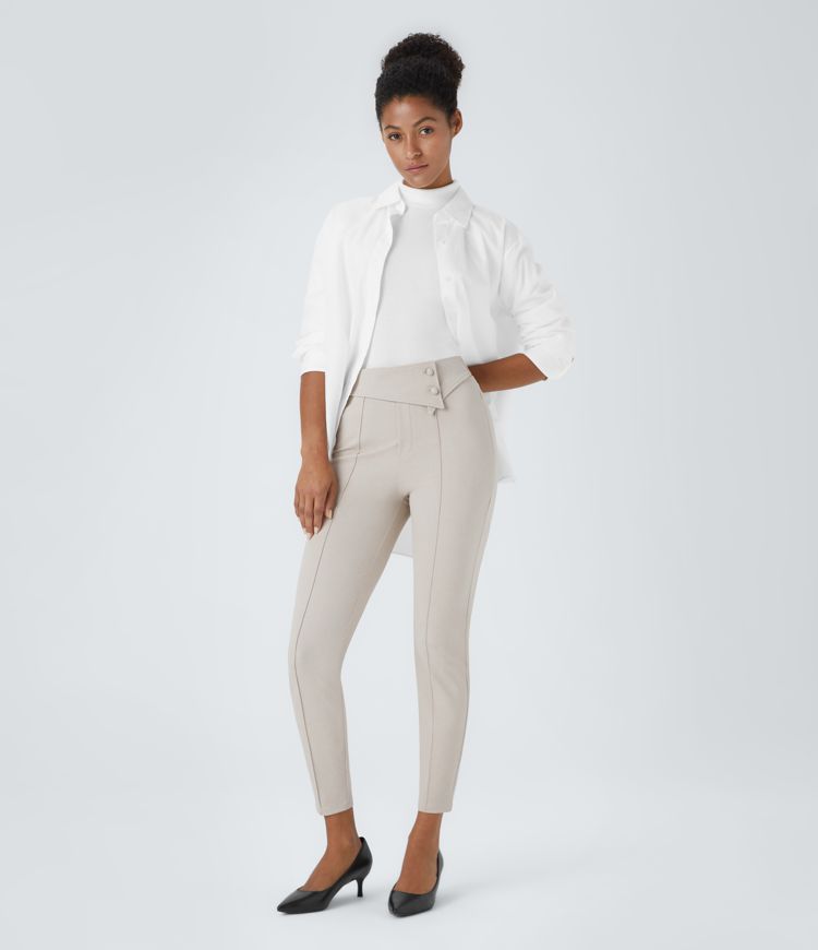 Legging de travail taille haute à revers avec poches zippées latérales motif chevron