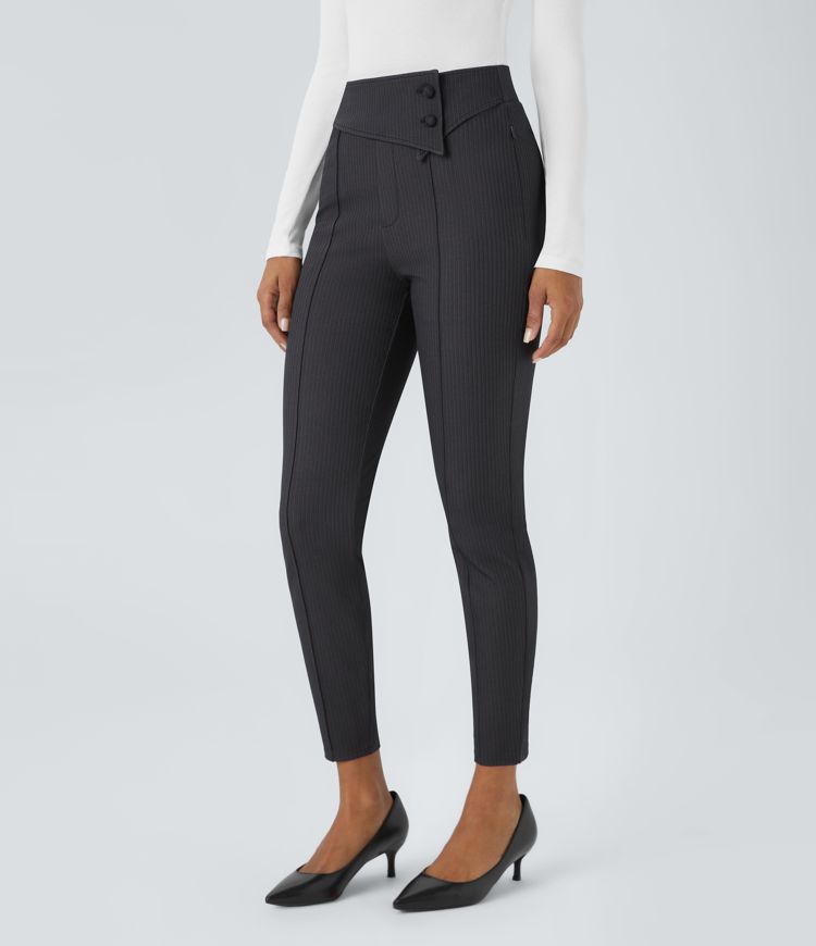 Foldover High Waisted Side Zipper Pocket Herringbone Work Leggings
