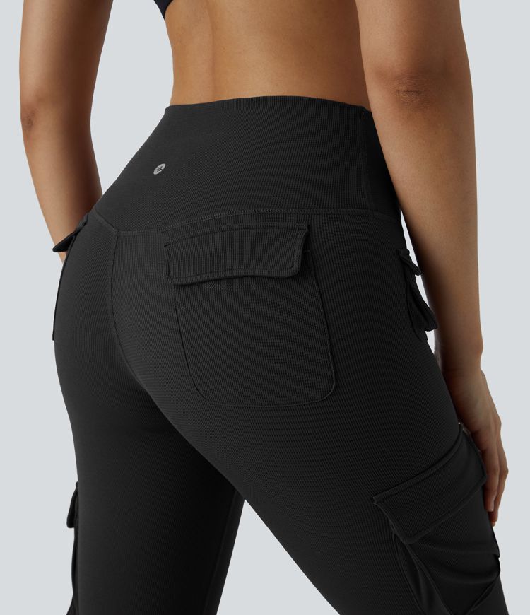 High Waisted Multiple Pockets Waffle 7/8 Yoga Leggings
