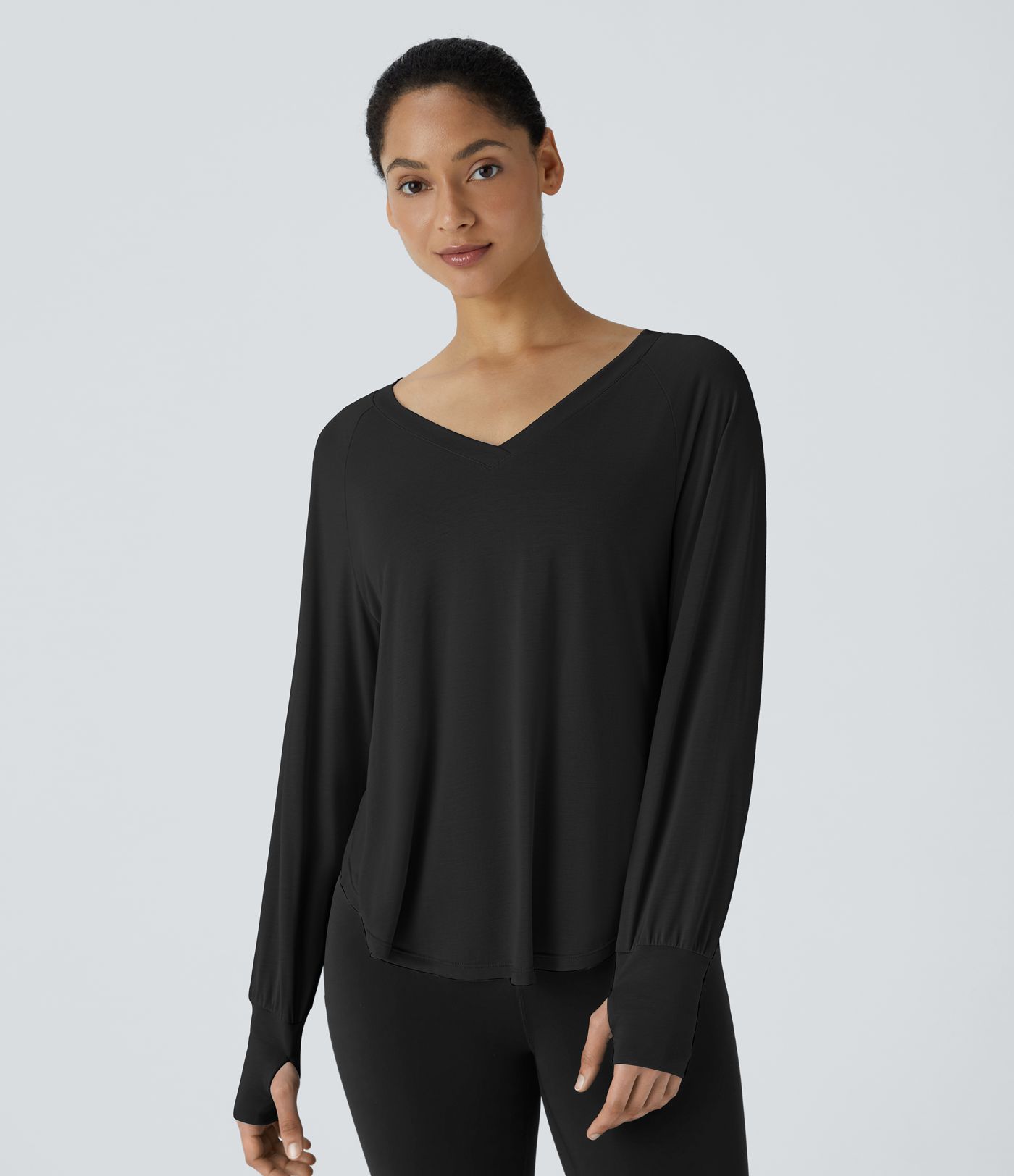 V Neck Thumb Hole Long Sleeve Curved Hem Draped Yoga Sports Top