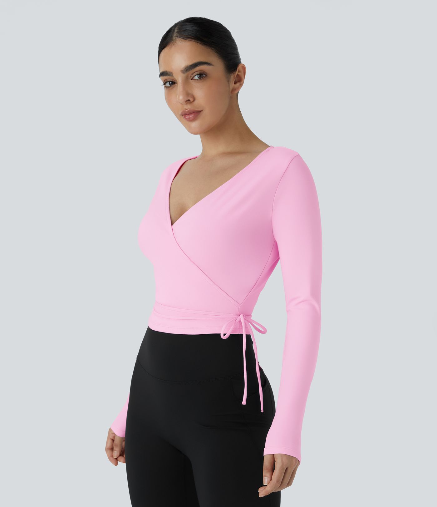 SoftlyZero™ Plush V Neck Tie Side Long Sleeve Yoga Sports Top