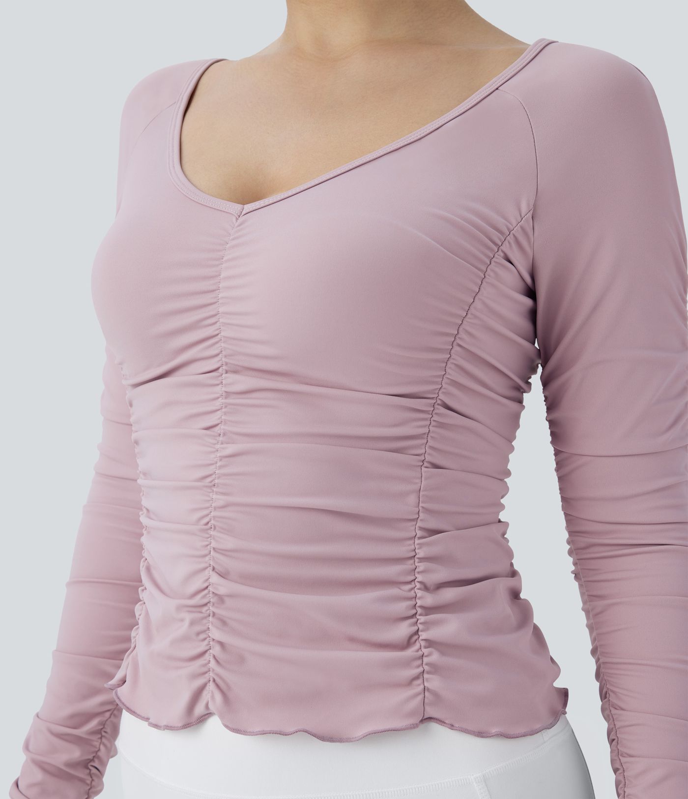 V Neck Long Sleeve Ruched Yoga Sports Top