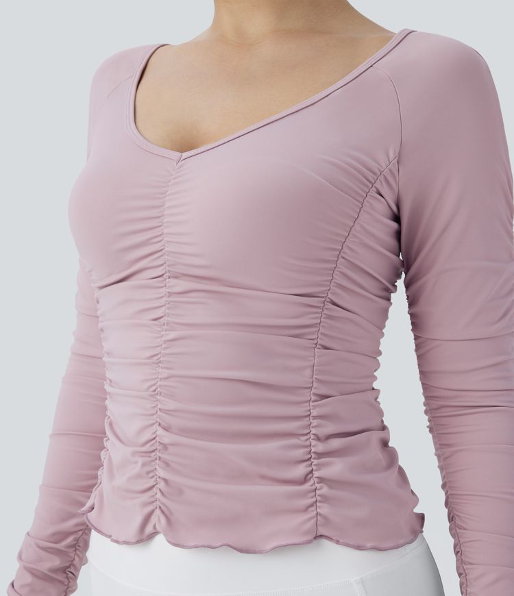 V Neck Long Sleeve Ruched Yoga Sports Top
