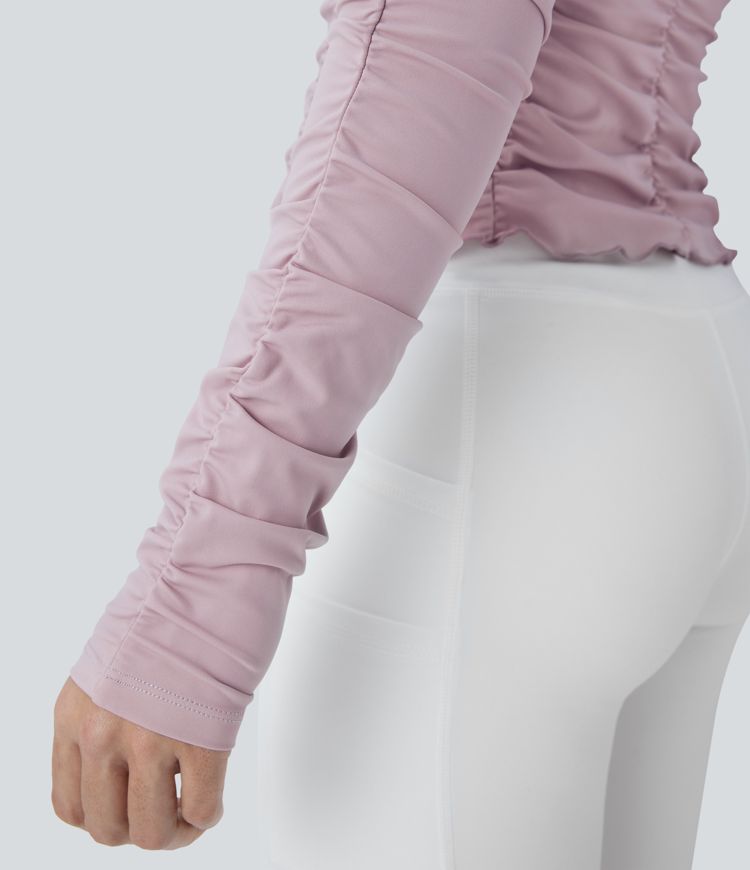 V Neck Long Sleeve Ruched Yoga Sports Top