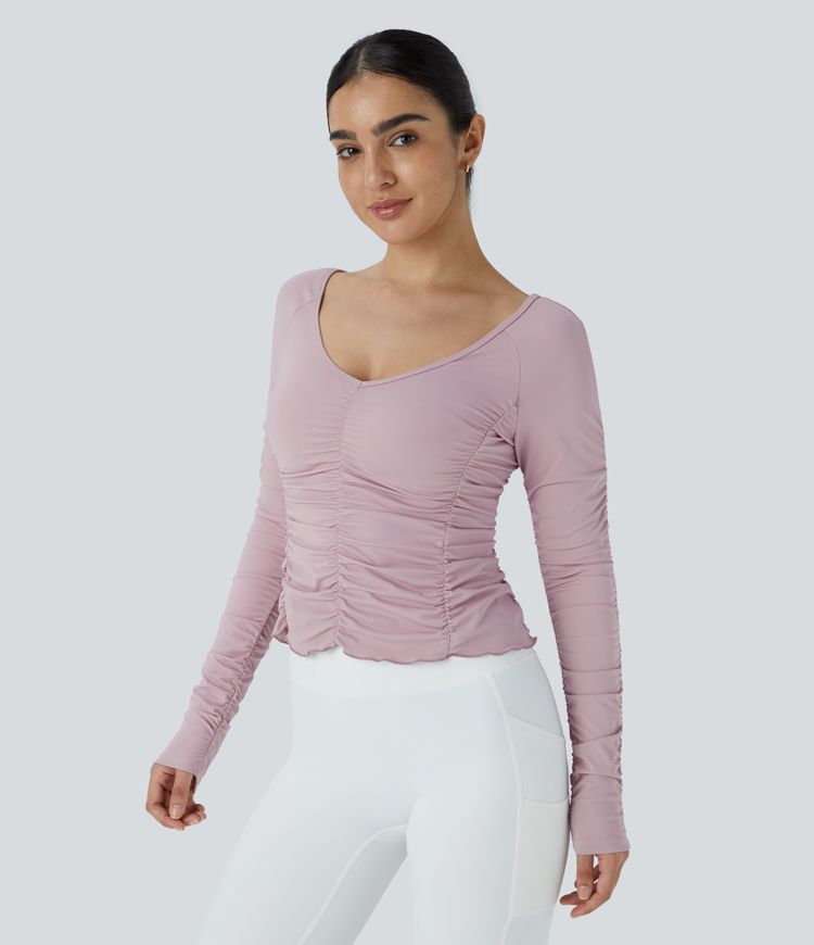 V Neck Long Sleeve Ruched Yoga Sports Top