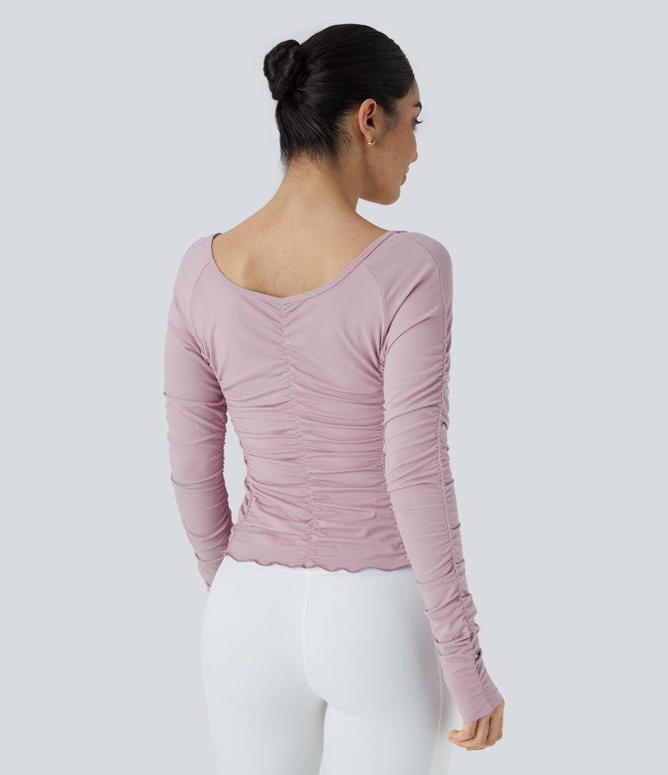 V Neck Long Sleeve Ruched Yoga Sports Top