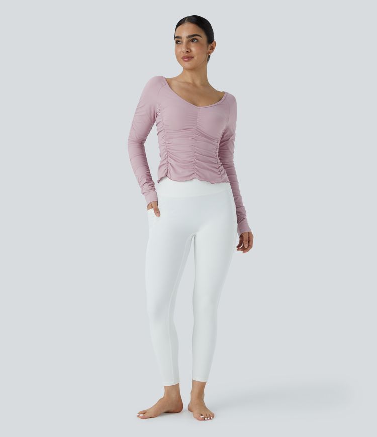 V Neck Long Sleeve Ruched Yoga Sports Top